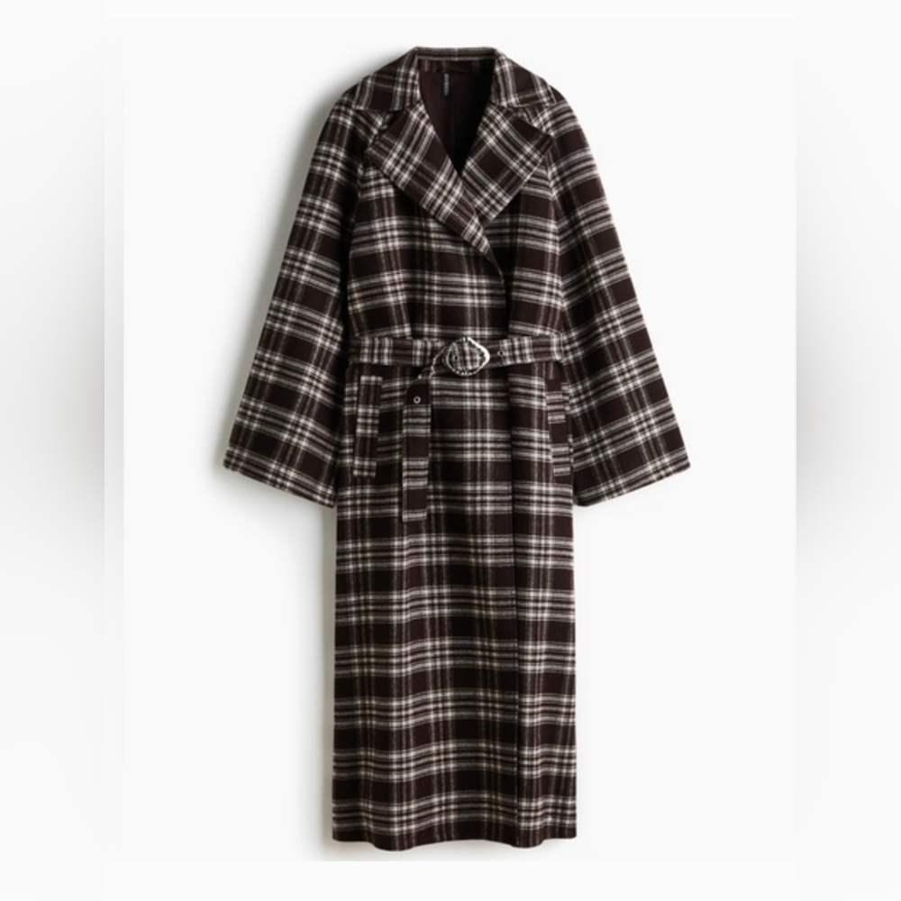 New Sz XS, S, M H&M Belted Maxi Coat New Dark Brown Plaid